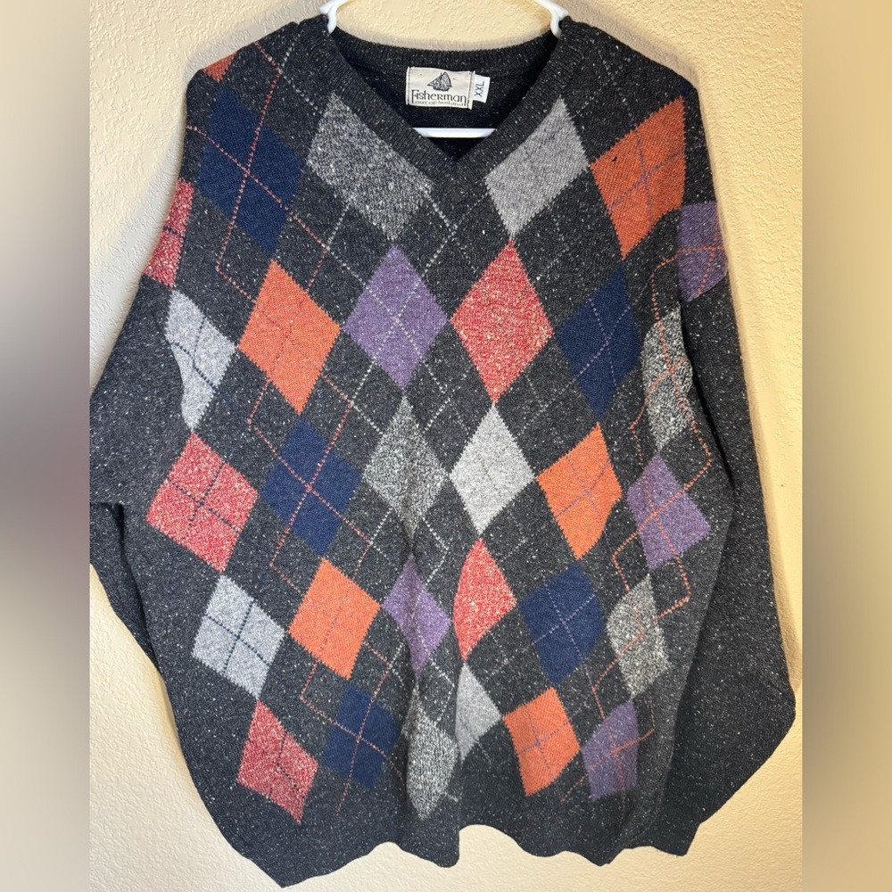 Men’s Vintage Fisherman Out Of Ireland Argyle Lambswool Sweater Size XXL.